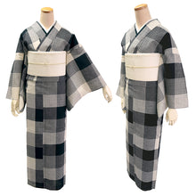 画像をギャラリービューアに読み込む, 綿麻 着物 浴衣 単品 しじら織 ブラック オフホワイト 格子 チェック Mサイズ Lサイズ お仕立て上がり レディース 夏着物 ゆかた プレタ 変わり織り カジュアル 夏 きもの 和服 和装