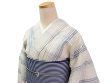画像をギャラリービューアに読み込む, 綿麻 着物 浴衣 単品 しじら織 ブルー オフホワイト 格子 滝 チェック Mサイズ Lサイズ お仕立て上がり レディース 夏着物 ゆかた プレタ 変わり織り カジュアル 夏 きもの 和服 和装