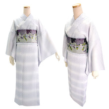 画像をギャラリービューアに読み込む, 夏きもの 浴衣 単品 洗える 東レ セオ アルファ パープル グレー ぼかし 鹿の子 格子 Lサイズ 広衿 お仕立て上がり レディース 夏着物 ゆかた プレタ セオα シワ加工 カジュアル 夏 きもの 和服 和装