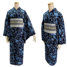 画像をギャラリービューアに読み込む, 夏きもの 浴衣 単品 洗える 東レ セオ アルファ ダークネイビー ブルー 更紗  Lサイズ 広衿 お仕立て上がり レディース 夏着物 ゆかた プレタ セオα シワ加工 カジュアル 夏 きもの 和服 和装