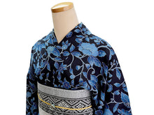 画像をギャラリービューアに読み込む, 夏きもの 浴衣 単品 洗える 東レ セオ アルファ ダークネイビー ブルー 更紗  Lサイズ 広衿 お仕立て上がり レディース 夏着物 ゆかた プレタ セオα シワ加工 カジュアル 夏 きもの 和服 和装