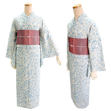 画像をギャラリービューアに読み込む, 夏きもの 浴衣 単品 洗える 東レ セオ アルファ オフホワイト 水色 更紗 Lサイズ 広衿 お仕立て上がり レディース 夏着物 ゆかた プレタ セオα シワ加工 カジュアル 夏 きもの 和服 和装