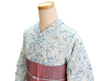 画像をギャラリービューアに読み込む, 夏きもの 浴衣 単品 洗える 東レ セオ アルファ オフホワイト 水色 更紗 Lサイズ 広衿 お仕立て上がり レディース 夏着物 ゆかた プレタ セオα シワ加工 カジュアル 夏 きもの 和服 和装