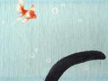 画像をギャラリービューアに読み込む, 京袋帯 麻 夏用 ブルー地金魚鉢と黒猫 名古屋帯 和装 和服 召しませ華