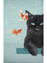 画像をギャラリービューアに読み込む, 京袋帯 麻 夏用 ブルー地金魚鉢と黒猫 名古屋帯 和装 和服 召しませ華