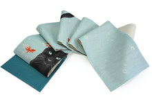 画像をギャラリービューアに読み込む, 京袋帯 麻 夏用 ブルー地金魚鉢と黒猫 名古屋帯 和装 和服 召しませ華