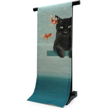 画像をギャラリービューアに読み込む, 京袋帯 麻 夏用 ブルー地金魚鉢と黒猫 名古屋帯 和装 和服 召しませ華