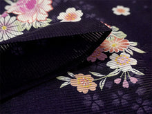 画像をギャラリービューアに読み込む, 洗える夏きもの 絽 コーディネート4点セット Mサイズ ネイビー パープル 牡丹 菊 小紋 ベージュ 唐草 名古屋帯 開き仕立て オレンジ 薄緑 正絹 帯揚げ 帯締め 夏を楽しむ!すぐ着られるコーデ済みきものセット