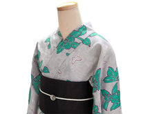 画像をギャラリービューアに読み込む, 浴衣 単品 レディース グレー グリーン 蝶 椿 綿 からみ織 レース ひでや工房 お仕立て上がり 夏 着物 きもの 和服 和装 ゆかた プレタ おしゃれ モダン カジュアル 夏祭り 花火大会