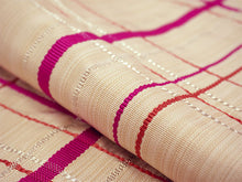 画像をギャラリービューアに読み込む, 兵児帯 絹 米沢織 ベージュ ピンク 銀 チェック お仕立て上がり チャイチャイ帯 大人の女性の贅沢な絹のへこ帯 カジュアルな装いをもっとお洒落に