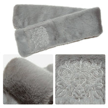 画像をギャラリービューアに読み込む, エコファー刺繍ティペット 全3色 アイボリー グレー モカ 着脱簡単なフェイクファーのマフラー 刺繍入りで首元を華やかに 洗えるポリエステル