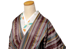 画像をギャラリービューアに読み込む, 雨コート 一部式 道中着衿 ブラウン カーキ 縞 Lサイズ すぐに着られるお仕立て上がり 洗えるポリエステル