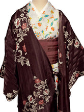 画像をギャラリービューアに読み込む, 雨コート 一部式 道中着衿 ブラウン 牡丹 花 Sサイズ すぐに着られるお仕立て上がり 洗えるポリエステル