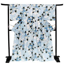 画像をギャラリービューアに読み込む, 洗える着物 袷 小紋 Lサイズ 仕立て上がり 単品 ブルー 椿 レディース 品よい縮緬地のお洒落な小紋