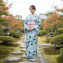 画像をギャラリービューアに読み込む, 洗える着物 袷 小紋 Lサイズ 仕立て上がり 単品 ブルー 椿 レディース 品よい縮緬地のお洒落な小紋