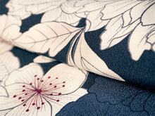 画像をギャラリービューアに読み込む, 洗える着物 袷 小紋 Lサイズ 仕立て上がり 単品 ネイビー 牡丹 さくら レディース 品よい縮緬地のお洒落な小紋
