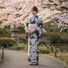 画像をギャラリービューアに読み込む, 洗える着物 袷 小紋 Lサイズ 仕立て上がり 単品 ネイビー 牡丹 さくら レディース 品よい縮緬地のお洒落な小紋