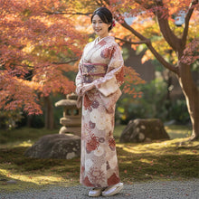 画像をギャラリービューアに読み込む, 洗える着物 袷 小紋 Lサイズ 仕立て上がり 単品 ベージュ 菊 レディース 品よい縮緬地のお洒落な小紋