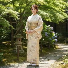 画像をギャラリービューアに読み込む, 洗える着物 袷 小紋 Lサイズ 仕立て上がり 単品 ベージュ 牡丹 レディース 品よい縮緬地のお洒落な小紋