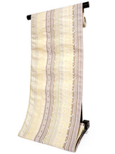 画像をギャラリービューアに読み込む, 絹 西陣織 九寸名古屋帯 単品 仕立て付き 薄イエロー 縞 更紗 全通柄 レディース 普段着や気軽なパーティーに