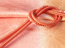 画像をギャラリービューアに読み込む, 帯揚げ帯締めセット 正絹 カジュアル向き 丸組 ピンクに橙ぼかし 菊と霰地紋おびあげ×朱色おびじめ レディース