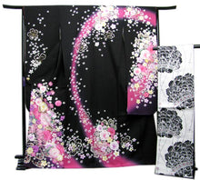 画像をギャラリービューアに読み込む, 振袖 セット正絹 新品 着物と袋帯の2点セット 黒地小花と蝶の着物と白地牡丹の帯【ntくわ】