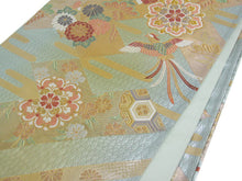 画像をギャラリービューアに読み込む, 袋帯 西陣織 フォーマル 正絹 エメラルドグリーンラメ地 ヱ霞に鳳凰華丸紋 高島織物謹製 送料無料 名品 礼装 礼装用 着物 帯 和装 和服 女性 レディース 未使用 HZ