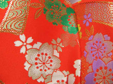 画像をギャラリービューアに読み込む, 【七五三 着物 三歳 小寸 結び帯 作り帯】朱赤地桜と熨斗柄 三才 3才 3歳 女の子 きもの 和装 帯 SDGs