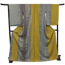 画像をギャラリービューアに読み込む, 【正絹訪問着 未仕立て 仮絵羽 渋からし・グレーストライプ更紗模様】 新品 色 販売 購入 礼装 既婚 パーティ 洒落【hzフワ】【送料無料】