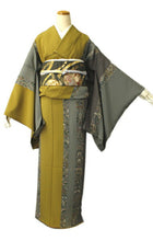 画像をギャラリービューアに読み込む, 【正絹訪問着 未仕立て 仮絵羽 渋からし・グレーストライプ更紗模様】 新品 色 販売 購入 礼装 既婚 パーティ 洒落【hzフワ】【送料無料】