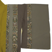 画像をギャラリービューアに読み込む, 【正絹訪問着 未仕立て 仮絵羽 渋からし・グレーストライプ更紗模様】 新品 色 販売 購入 礼装 既婚 パーティ 洒落【hzフワ】【送料無料】