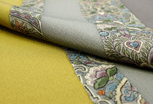 画像をギャラリービューアに読み込む, 【正絹訪問着 未仕立て 仮絵羽 渋からし・グレーストライプ更紗模様】 新品 色 販売 購入 礼装 既婚 パーティ 洒落【hzフワ】【送料無料】