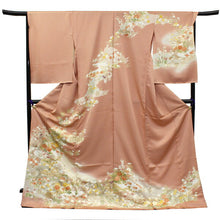 画像をギャラリービューアに読み込む, 【正絹訪問着 未仕立て 仮絵羽 渋サーモンピンク地流水に四季の花模様】 新品 色 販売 購入 礼装 既婚 パーティ 洒落訪問着【hz】【送料無料】