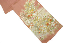 画像をギャラリービューアに読み込む, 【正絹訪問着 未仕立て 仮絵羽 渋サーモンピンク地流水に四季の花模様】 新品 色 販売 購入 礼装 既婚 パーティ 洒落訪問着【hz】【送料無料】