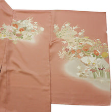 画像をギャラリービューアに読み込む, 【正絹訪問着 未仕立て 仮絵羽 渋サーモンピンク地流水に四季の花模様】 新品 色 販売 購入 礼装 既婚 パーティ 洒落訪問着【hz】【送料無料】