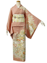 画像をギャラリービューアに読み込む, 【正絹訪問着 未仕立て 仮絵羽 渋サーモンピンク地流水に四季の花模様】 新品 色 販売 購入 礼装 既婚 パーティ 洒落訪問着【hz】【送料無料】