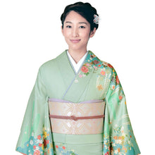 画像をギャラリービューアに読み込む, 訪問着 セット 購入 薄グリーン地 雪輪に御所車 18点フルセット フリー サイズ 仕立て上がり 洗える着物 訪問着 袋帯 長襦袢 草履 バッグ 着付け小物一式 白足袋 セット 初心者 和装 和服 着物 セット 洗