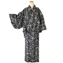 画像をギャラリービューアに読み込む, 【洗える二部式袷プレタ】濃紺地竹縞に菊梅柄 フリーサイズ 着物 ユニフォーム 帯なし 冬 袷 楽々 便利 kimono