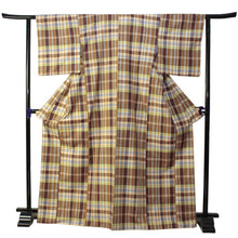 画像をギャラリービューアに読み込む, 【正絹着物 仕立上り 単品 ブラウン系格子柄 フリーサイズ】紬 袷 女性 レディース プレタ 小紋 こもん きもの つむぎ キモノ kimono【送料無料】【ワニ】