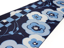 画像をギャラリービューアに読み込む, 【半幅帯 半巾帯 博多織 細帯 絹 濃紺地花柄】紋小袋帯 福絖織物 和装 着物 きもの キモノ kimono obi リバーシブル 【送料無料】