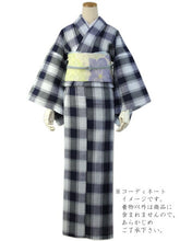 画像をギャラリービューアに読み込む, 単品 フリーサイズ 単衣着物 綿麻着物 琵琶上布 紺・水色地格子柄 仕立て上り女性きもの お届け後すぐ着れます 涼しげなシボの風合い 洗濯OK 単衣仕立 送料無料
