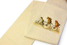 画像をギャラリービューアに読み込む, 絹袋帯 お仕立て付き ベージュ地猫のアンティーク自転車柄 お太鼓柄 小紋や紬に合わせる洒落帯 捺染 送料無料《urワニ》