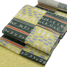 画像をギャラリービューアに読み込む, 本麻夏の名古屋帯 クリームイエロー地横段幾何学柄 仕立て付 涼しげな夏着物に合わせる透け感のあるなごや帯 京友禅 送料無料 《urフラ》
