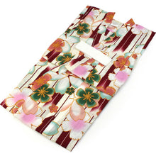 画像をギャラリービューアに読み込む, 子供浴衣 2点セット 送料無料 浴衣・へこ帯 オフホワイト地矢絣に撫子柄 ピンク帯 120 キッズ 女の子 子供 仕立て上り tbウラ SDGs