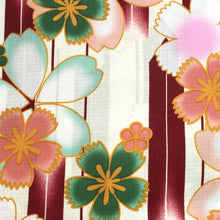 画像をギャラリービューアに読み込む, 子供浴衣 2点セット 送料無料 浴衣・へこ帯 オフホワイト地矢絣に撫子柄 ピンク帯 120 キッズ 女の子 子供 仕立て上り tbウラ SDGs