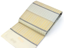 画像をギャラリービューアに読み込む, 夏 袋帯 絽 絹 西陣織 白地 薄ブルー ゴールド 横段縞 お仕立て付き フォーマル 和装 和服 帯 女性 レディース 夏物 夏用 日本製 送料無料 omクワ