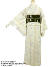 画像をギャラリービューアに読み込む, 洗える着物 袷 レトロ モダン 小紋 フリーサイズ ベージュ 縞 ツタ 柄 レディース 仕立て上がり ハナエモリ hanae mori プレタ ktふう KZ