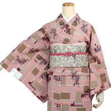 画像をギャラリービューアに読み込む, 洗える着物 袷 レトロ モダン 小紋 フリーサイズ ピンク ブラウン 格子 蘭 植物 柄 レディース 仕立て上がり 金子みすゞ みすず プレタ ktふに KZ