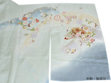 画像をギャラリービューアに読み込む, 訪問着 正絹 未仕立て グリーン 水色 花 文箱 単品 仕立て付き ガード加工 足袋 プレゼント 新品 色 販売 購入 礼装 既婚 旅館 料亭 女将 仕事 パーティー 送料無料