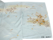 画像をギャラリービューアに読み込む, 訪問着 正絹 未仕立て 水色 グリーン 御所車 単品 仕立て付き ガード加工 足袋 プレゼント 新品 色 販売 購入 礼装 既婚 旅館 料亭 女将 仕事 パーティー 送料無料